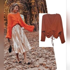 Adjustable Pullover Ribbed Fleece Crop Sweater Knit in Rust